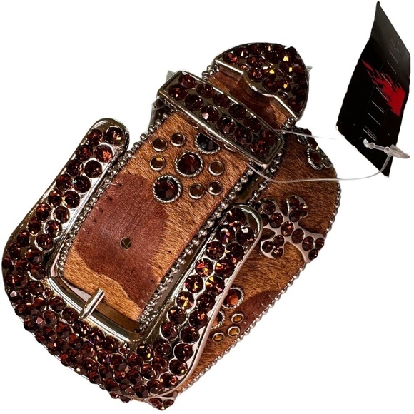 NWT Leather and Natural Hide Western Show Belt with Cross and Amber Rhinestones